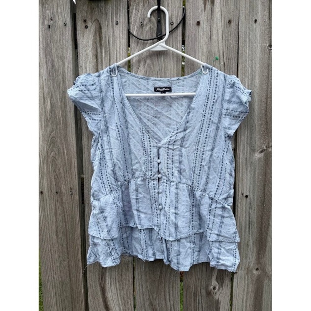 Cottagecore Boho Flag & Anthem Peplum Top Size L Blue Striped V-Neck Cap Sleeve